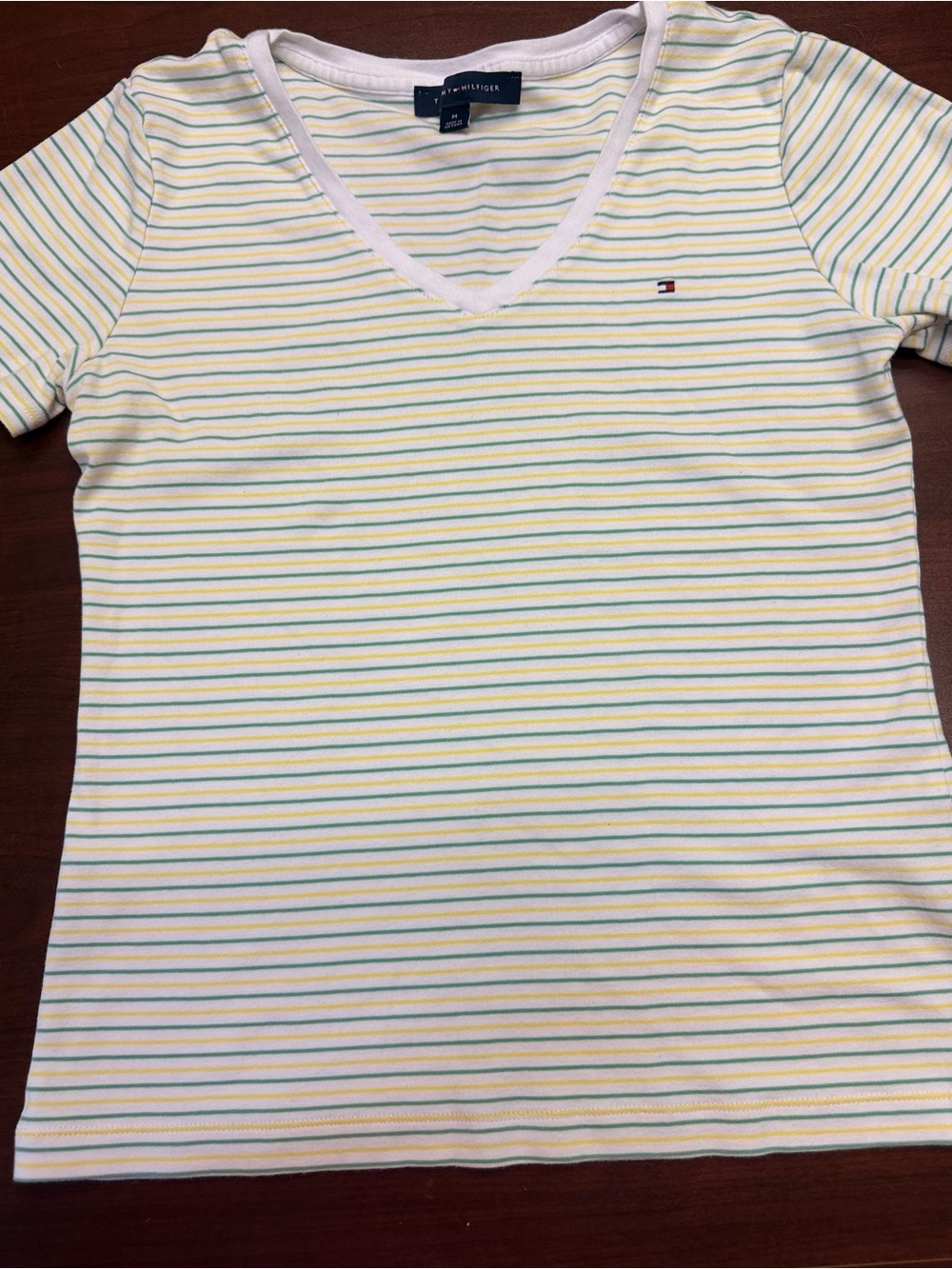Tommy Hilfiger White Tee with Yellow & Light Blue Stripes